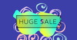 Image of huge sale text in black frame, green to yellow splodge and blue and pink swirls
