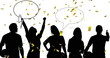 Image of silhouetted sports fans with speech empty bubble and gold confetti falling on white