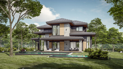 3d rendering of modern two story house with gray and wood accents, large windows, parking space in the right side of the building, surrounded by trees and bushes, green grass on lawn, daylight