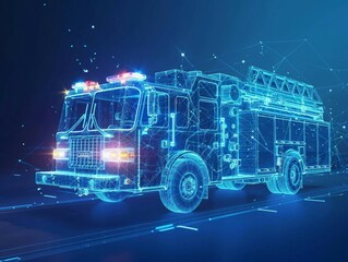 Wall Mural - digital blue hologram fire truck  with data streams, ai emergency response systems, route optimization algorithms, predictive maintenance schedules, firefighting operations.
