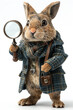 A rabbit dressed in a coat is holding a magnifying glass