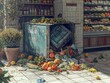 A dumpster full of food waste is in front of a grocery store. The scene is messy and chaotic, with various fruits and vegetables scattered around. Concept of waste and disregard for the environment