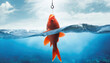 A red fish caught on hook under water with sun rays and blue sky background