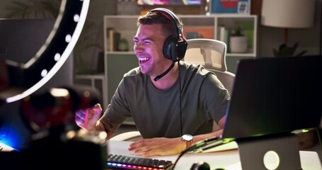 Canvas Print - Happy man, laptop and winning with celebration in esports for gaming, competition or victory. Excited male person or gamer with smile or fist pump for prize, success or live streaming computer games