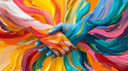 human handshake with colorful paint splashes on abstract background.