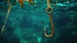 Detailed Close-Up of Fishing Fish Hook Underwater, Copy Space Image for Text or Design
