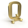 Gold letter Q of the alphabet with hearts around it. Idea for Valentine's Day or wedding anniversary. 3d rendering