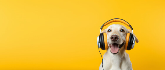 Wall Mural - Cute dog wearing big headphones listens to music, sound therapy concept for animals, banner with copyspace	