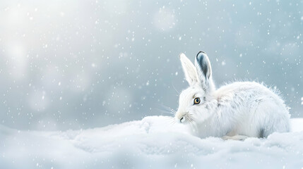 Arctic Hare: An arctic hare in a snowy setting, photographed with a high contrast setting to emphasize its white fur against the snow, set against a winter landscape background with copy space