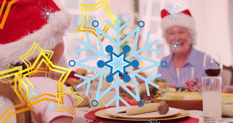 Sticker - This image features a digital image of stars falling over a happy caucasian family wearing santa hat