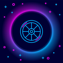 Canvas Print - Glowing neon line Bicycle wheel icon isolated on black background. Bike race. Extreme sport. Sport equipment. Colorful outline concept. Vector