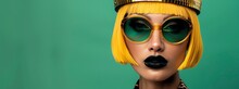 A Portrait Of An Attractive Woman With Yellow Bob Hair, Wearing Sunglasses And A Golden Disco Ball Helmet, Black Lipstick, On A Dark Green Background, In A Minimalistic Style, Fashion Photography, Sof