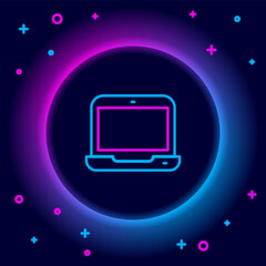 Sticker - Glowing neon line Laptop icon isolated on black background. Computer notebook with empty screen sign. Colorful outline concept. Vector