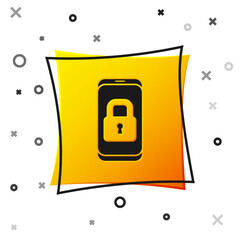 Poster - Black Smartphone with closed padlock icon isolated on white background. Phone with lock. Mobile security, safety, protection concept. Yellow square button. Vector