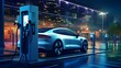 An electric car charging at night in the city