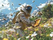 A man in a bee suit is surrounded by bees and holding a box. Concept of danger and excitement, as the man is in close proximity to the bees and must be careful not to get stung