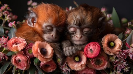 Wall Mural -   Two monkeys seated together atop a bouquet of pink and red flowers