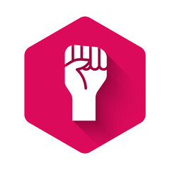 Poster - White Raised hand with clenched fist icon isolated with long shadow. Protester raised fist at a political demonstration. Empowerment. Pink hexagon button. Vector