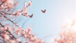 Serene Blossoms: Macro Shot of Pink Sakura Flowers and Fluttering Butterflies