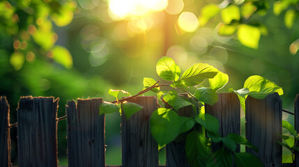 Wall Mural - green leaves on wooden fence in the garden