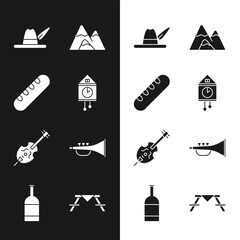 Sticker - Set Retro wall watch, French baguette bread, Oktoberfest hat, Mountains, Violin, Musical instrument trumpet, Picnic table with benches and Beer bottle icon. Vector