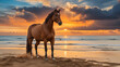 A horse standing on a beach at sunset