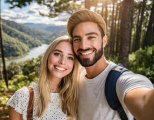 Wall Mural - couple portrait selfie caucasian vacation in holidays forest in the wood