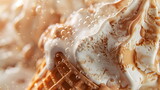 Melted creamy ice cream on a cone close-up. Background of sweet creamy ice cream. Banner for ice cream display