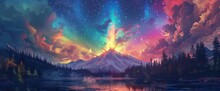 A Psychedelic Rainbow Cloud Erupting From The Top Of Mount Rainier, A Lake In Front Of It, Psychedelic Sky With Stars And Clouds