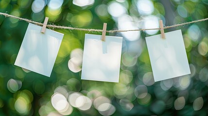 blank white photo cards hung on a clothesline against a dreamy bokeh background, with a color palette centered around soft whites and light purples for a serene and elegant display.