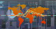 Image of statistical data processing over world map against aerial view of cityscape