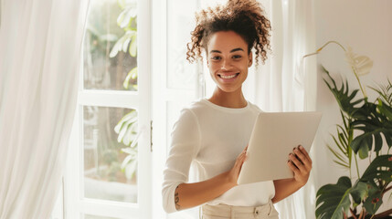 Happy Woman with Lapto. Portrait of Smiling Young Lady Holding Digital Device in Bright Room