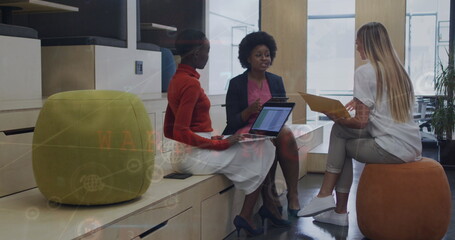 Wall Mural - image of connected icons, numbers, letters, symbols on diverse coworkers discussing reports