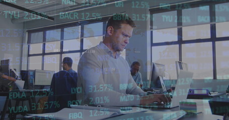 Sticker - Image of stock market data processing over thoughtful caucasian man using laptop at office