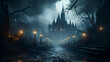 Spooky halloween background with spooky castle and street lamps