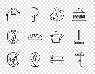 Poster - Set line Shield with leaf, Scythe, Potato, Location corn, Farm house, Bread loaf, Wooden box and Garden rake icon. Vector