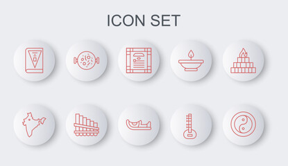 Sticker - Set line Yin Yang, India map, constitution day, Sitar, Chicken tikka masala, Pan flute and Indian shoes icon. Vector