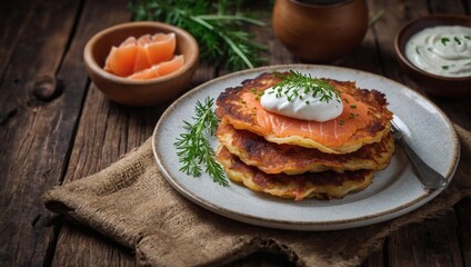 Wall Mural - Homemade potato pancakes. Rösti with smoked salmon and sour cream on a rustic wooden background. Traditional Swiss cuisine.