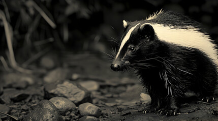 Skunk: A skunk in a defensive stance, photographed with high contrast to highlight its warning stripes, set against a night-time forest background with copy space