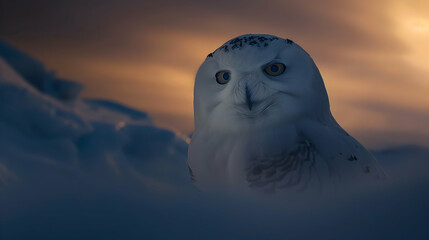 Wall Mural - Snowy Owl: A majestic snowy owl captured at dusk using low light photography, highlighting its piercing eyes against a twilight sky background with copy space.