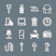 Sticker - Set line Blender, Radio, Clock, Electric iron, Laptop, Vacuum cleaner, Paint brush and Trash can icon. Vector