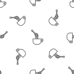 Wall Mural - Grey line Honey dipper stick with dripping honey icon isolated seamless pattern on white background. Honey ladle. Vector