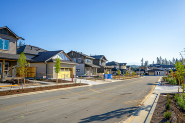 Wall Mural - A street view of a new construction neighborhood with larger landscaped homes and houses with yards.