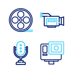 Sticker - Set line Action extreme camera, Microphone, Cinema and Film reel icon. Vector