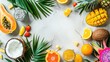 a vibrant array of tropical fruits and lush palm leaves arranged on a clean white background, with ample space left for text to convey a message of freshness and vitality.