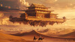Surreal floating palace over desert with travellers - Epic fantasy depiction of a magnificent floating palace above a desert with camels and travellers, invoking adventure