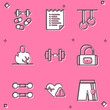 Set Sports doping with dumbbell, training program, Gymnastic rings, Broken weight, Dumbbell, bag, and Heart rate icon. Vector