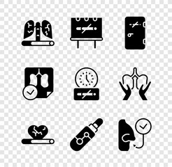 Poster - Set Disease lungs, No smoking, area, Heart disease with, Electronic cigarette, Healthy breathing, Lungs x-ray diagnostics and time icon. Vector