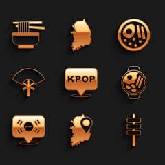 Sticker - Set K-pop, South Korea map, Korean food tokpokki, Ramen, Location, Traditional fan, and icon. Vector