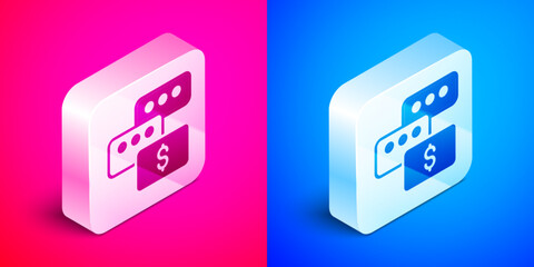 Sticker - Isometric Real estate business concept with speech bubbles icon isolated on pink and blue background. Silver square button. Vector